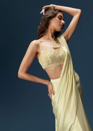 Lime Green Ready Pleated Saree With Belt And Blouse