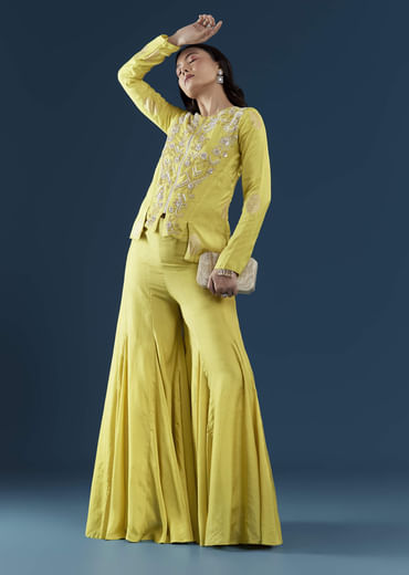 Lime Green Silk Crop Top and Pant Set with Moti Work