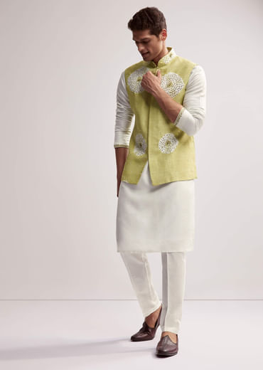 Lime Green Silk Kurta Jacket Set For Men With Hand Embroidery