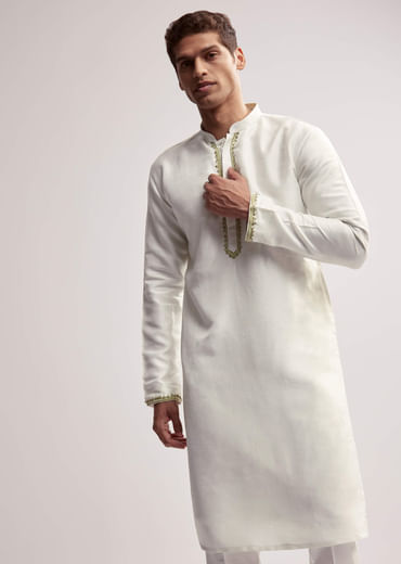 Lime Green Silk Kurta Jacket Set For Men With Hand Embroidery