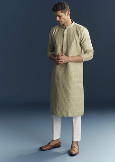 Lime Green Silk Kurta Set For Men