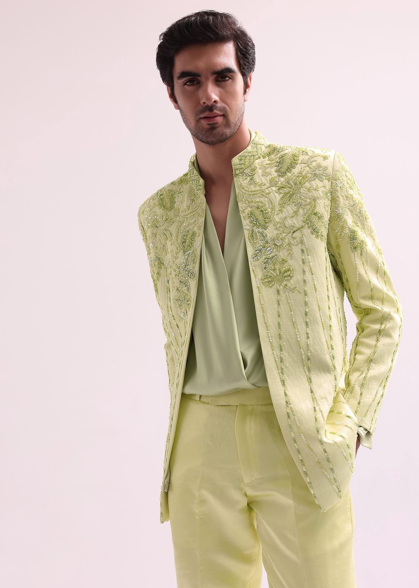 Lime Bandhgala Jacket And Pant Set With Floral Embroidery