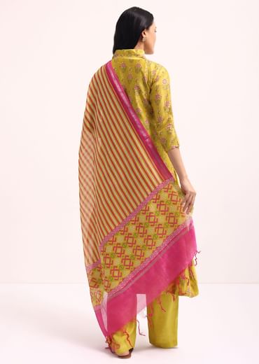 Lime Green Block Printed Chanderi Kurta Palazzo Set