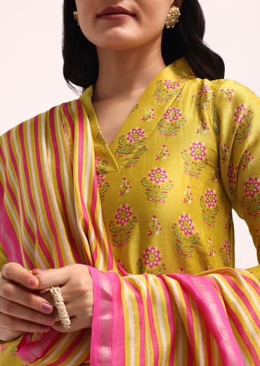Lime Green Block Printed Chanderi Kurta Palazzo Set