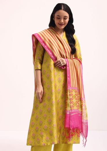 Lime Green Block Printed Chanderi Kurta Palazzo Set