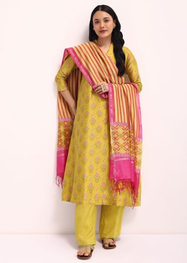 Lime Green Block Printed Chanderi Kurta Palazzo Set