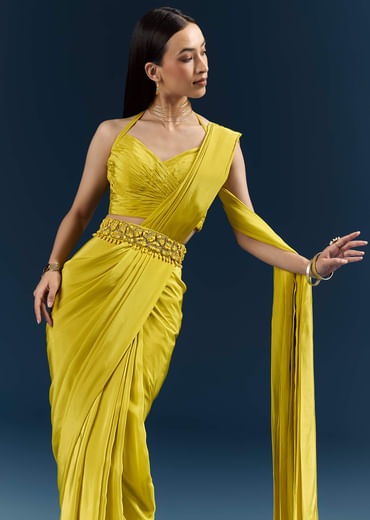Lime Green Crepe Ready Pleated Saree With Heavy Embroidery