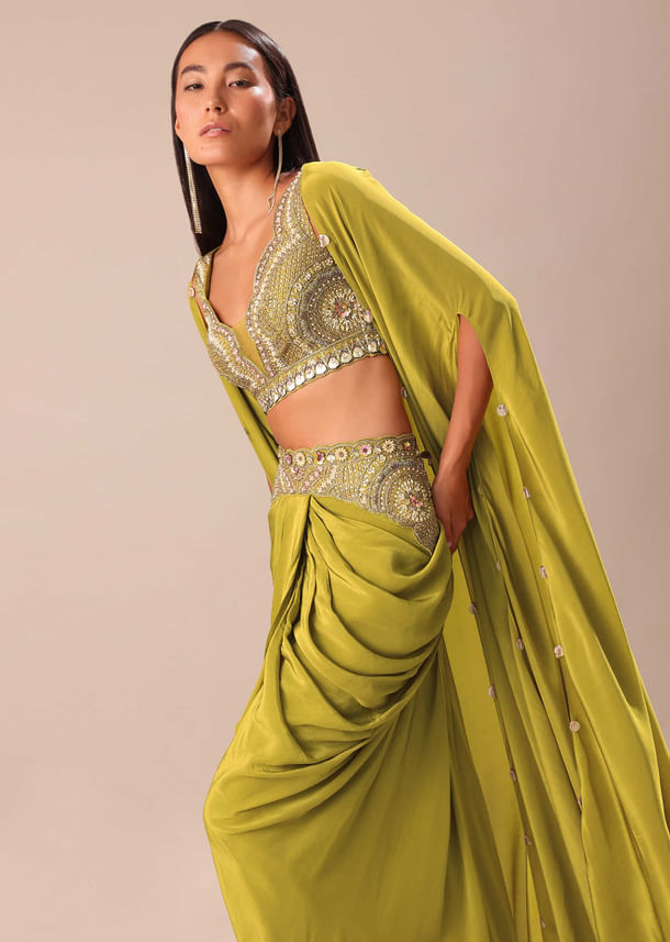 Lime Green Dhoti With Embroidered Blouse And Cape