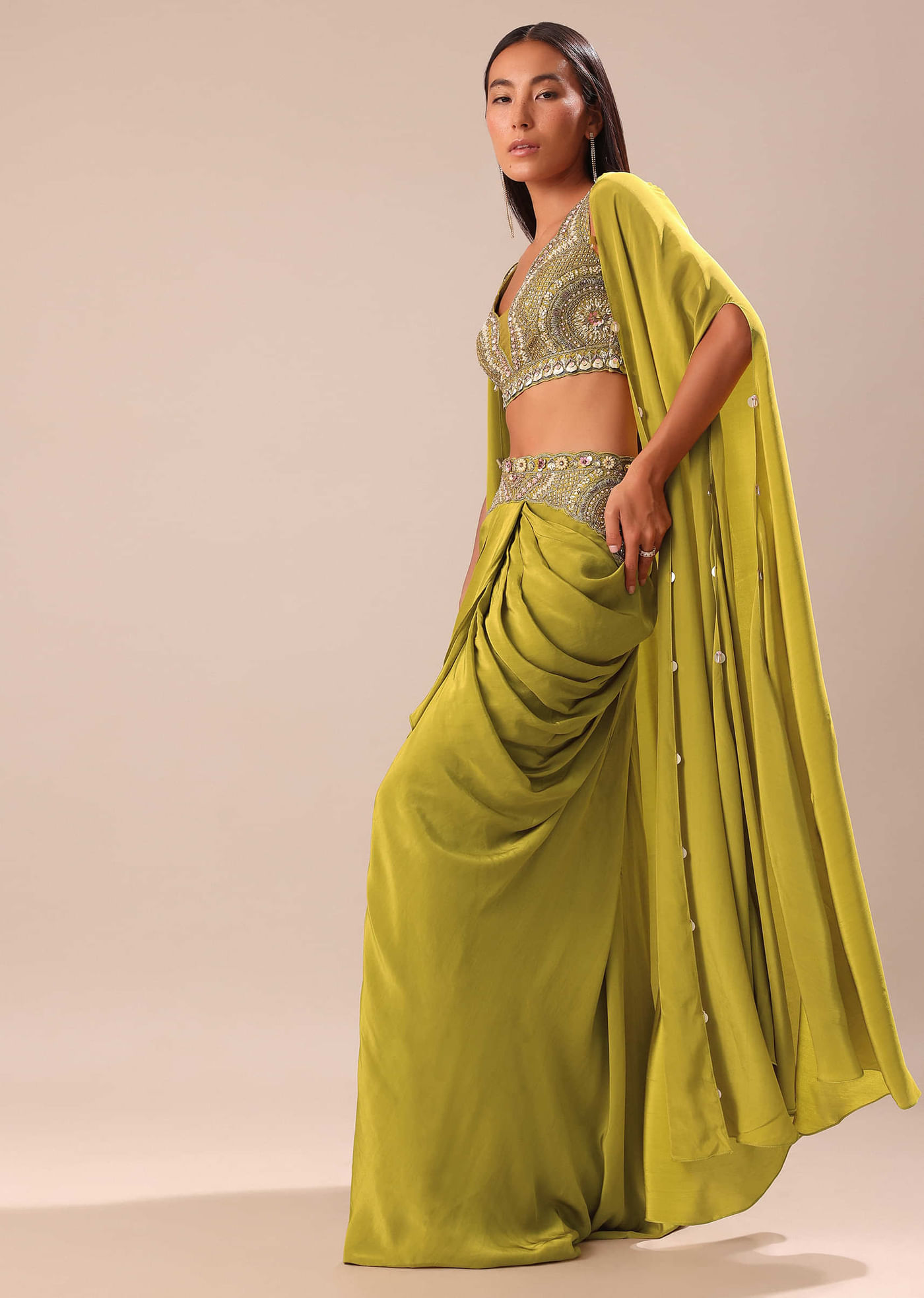 Lime Green Dhoti With Embroidered Blouse And Cape