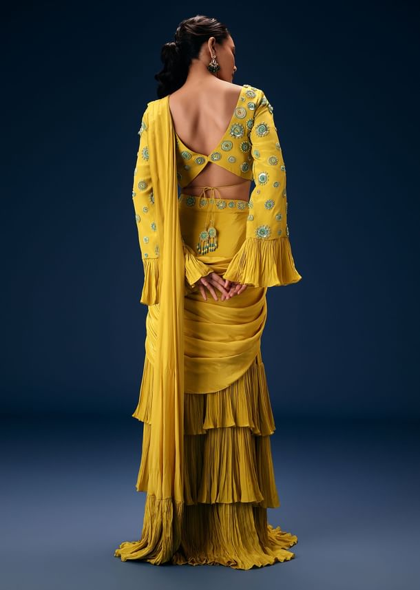 Lime Green Embroidered Blouse With Pre Stitched Saree