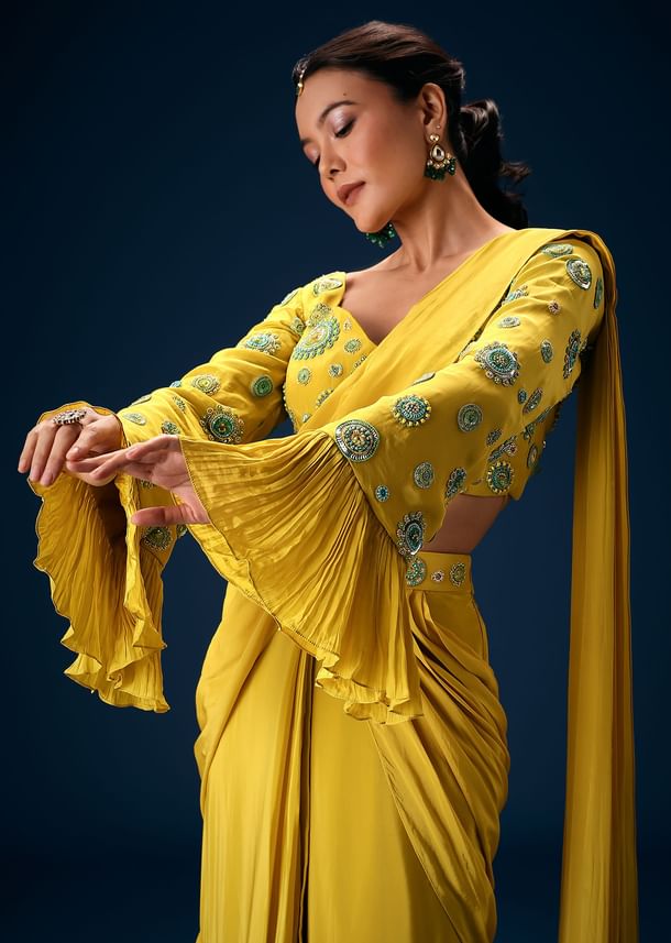 Lime Green Embroidered Blouse With Pre Stitched Saree