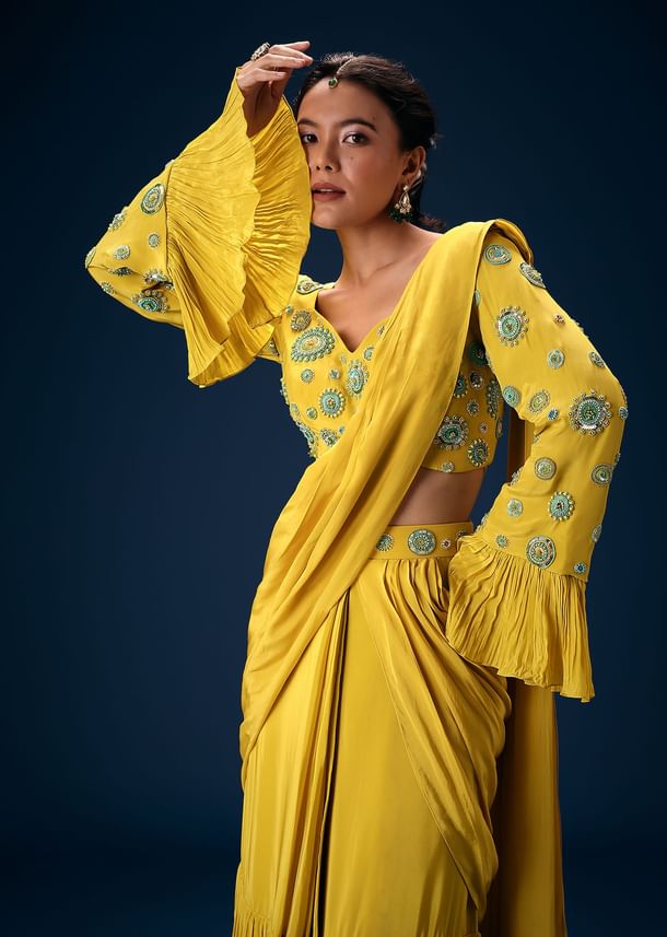 Lime Green Embroidered Blouse With Pre Stitched Saree