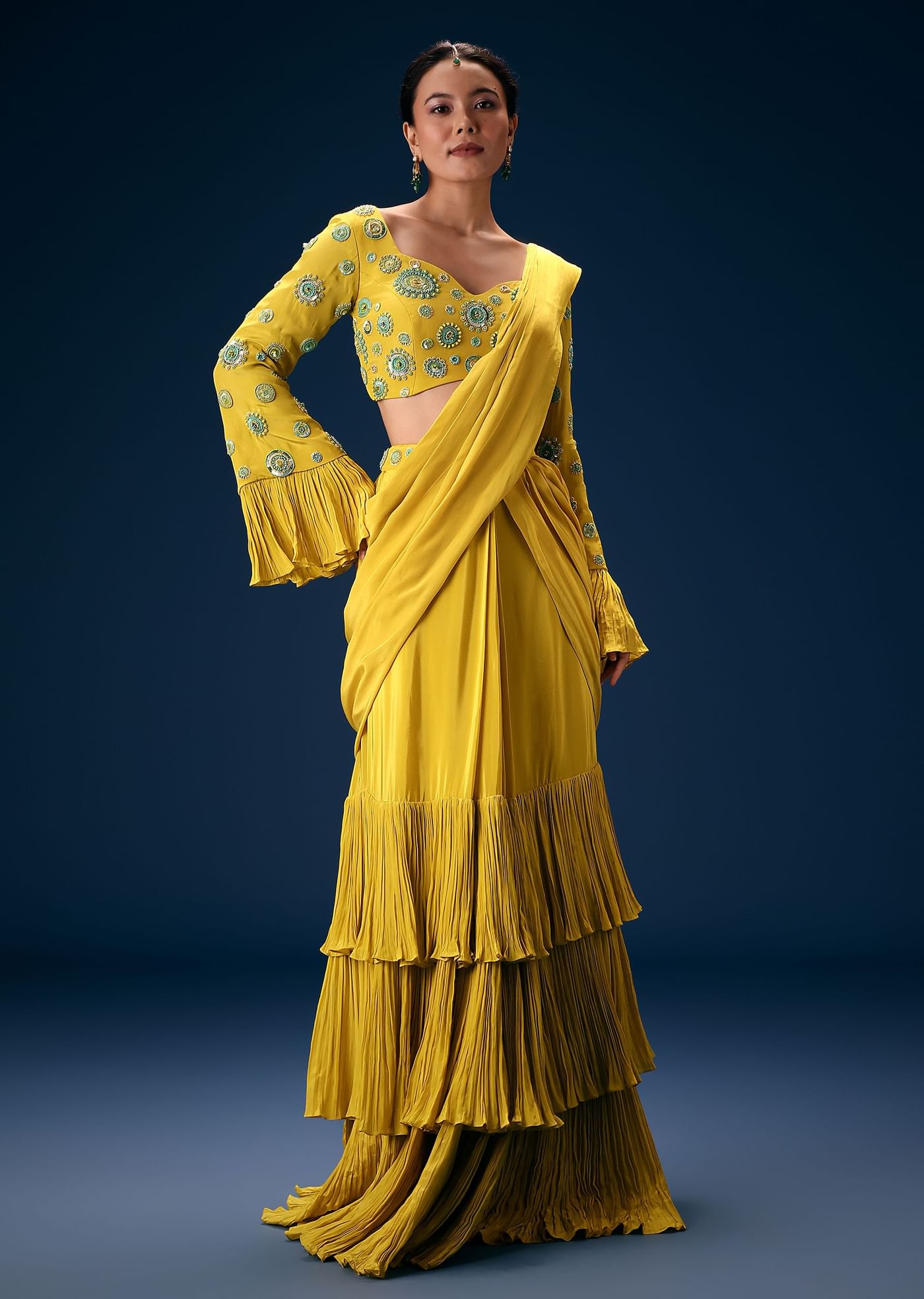 Lime Green Embroidered Blouse With Pre Stitched Saree