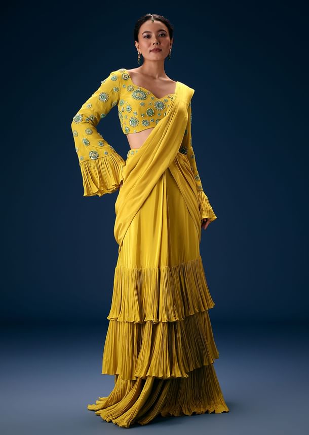 Lime Green Embroidered Blouse With Pre Stitched Saree