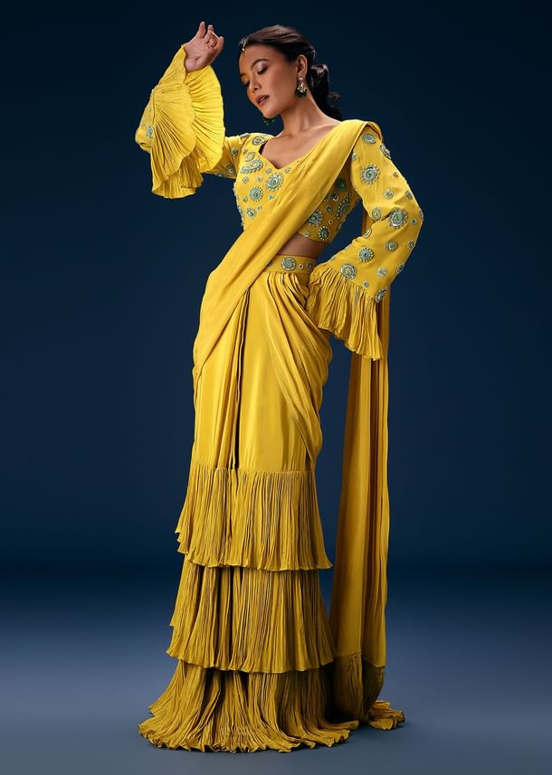 Lime Green Embroidered Blouse With Pre Stitched Saree