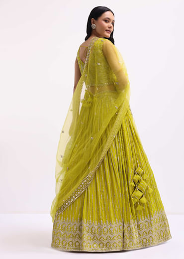 Lime Green Embroidered Georgette Lehenga Choli Set