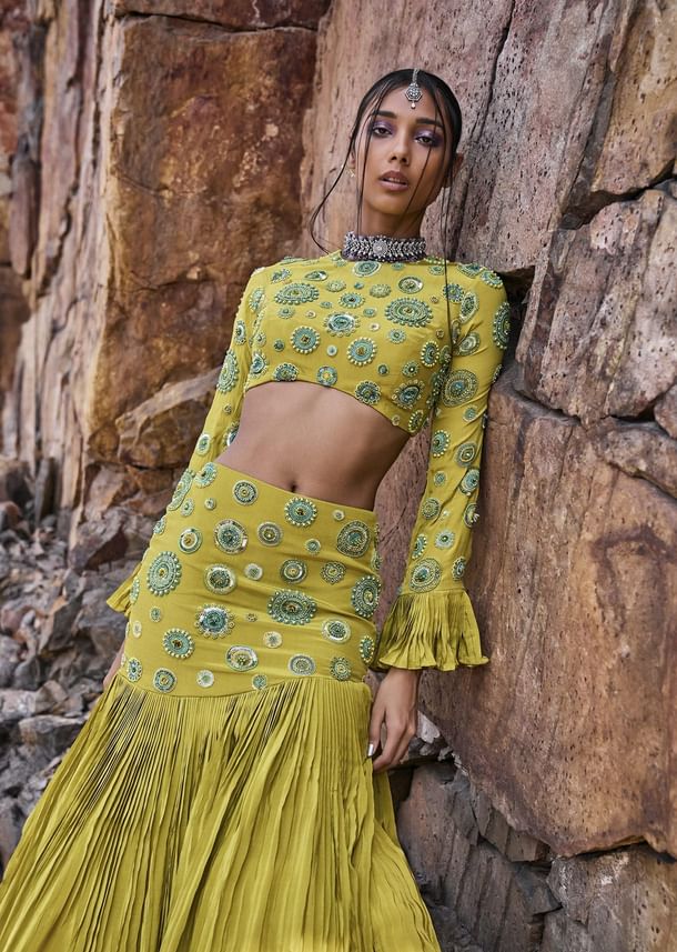 Lime Green High Neck Blouse With Pleated Skirt