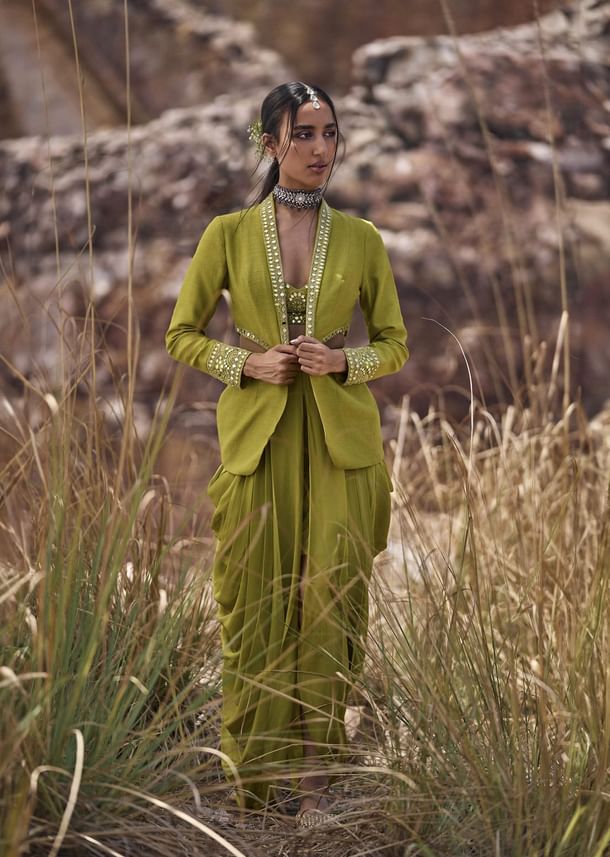 Lime Green Mirror Bustier With Jacket And Draped Skirt