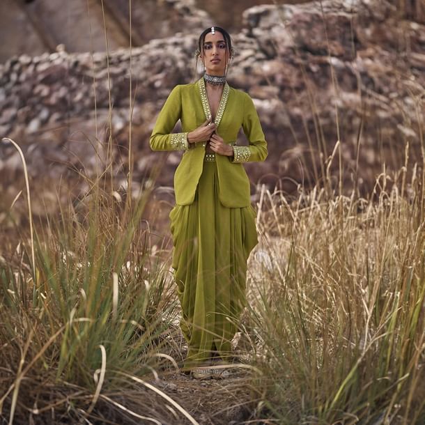 Lime Green Mirror Bustier With Jacket And Draped Skirt