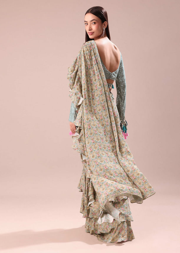 Lime Green Printed Frill Saree With Embroidered Blouse