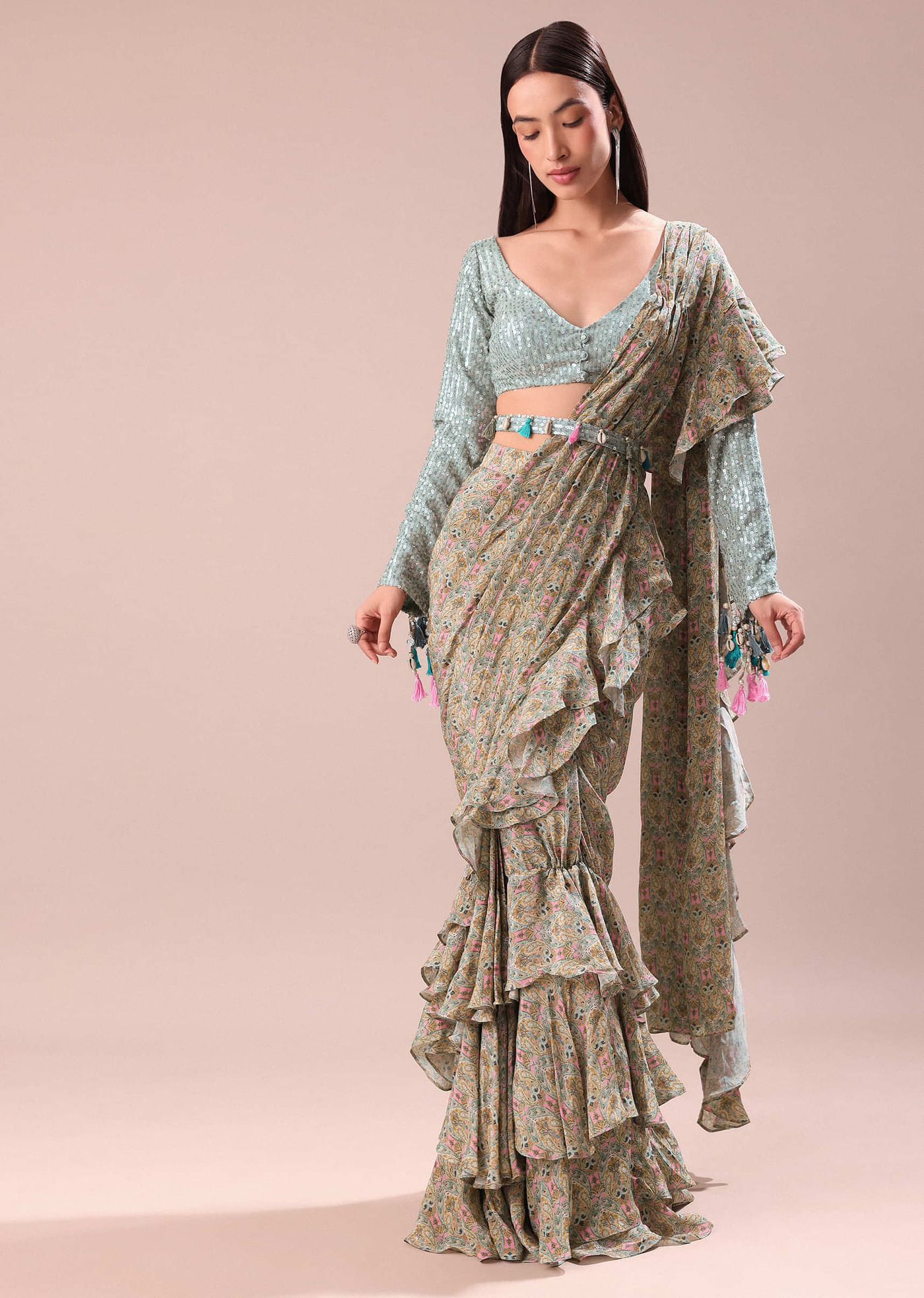 Lime Green Printed Frill Saree With Embroidered Blouse
