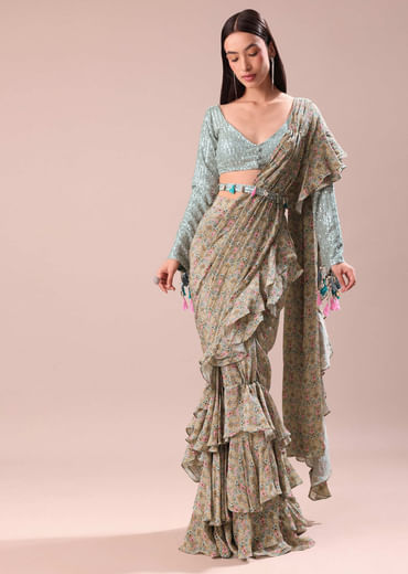 Lime Green Printed Frill Saree With Embroidered Blouse