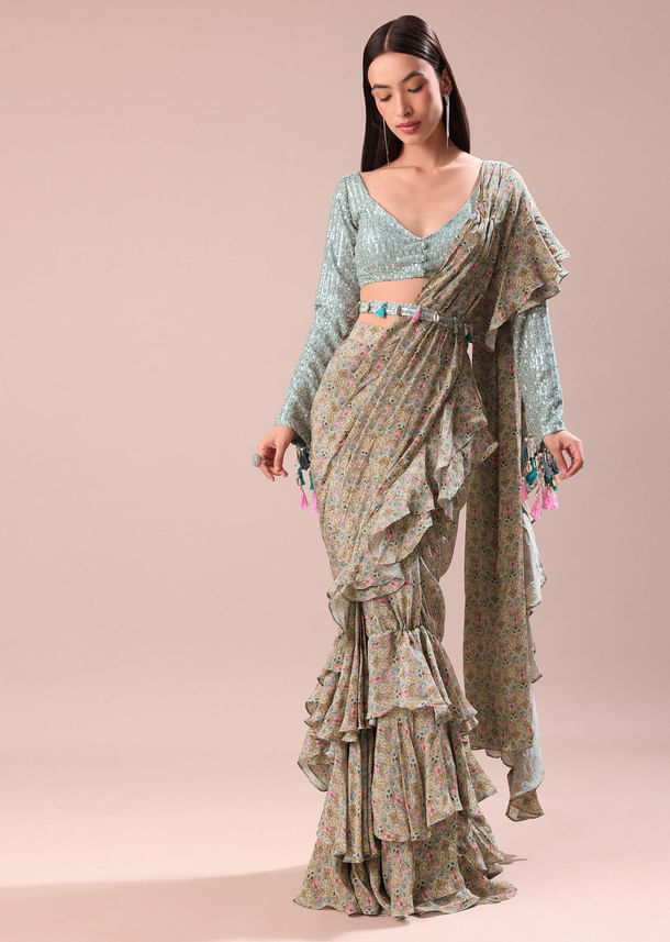 Lime Green Printed Frill Saree With Embroidered Blouse