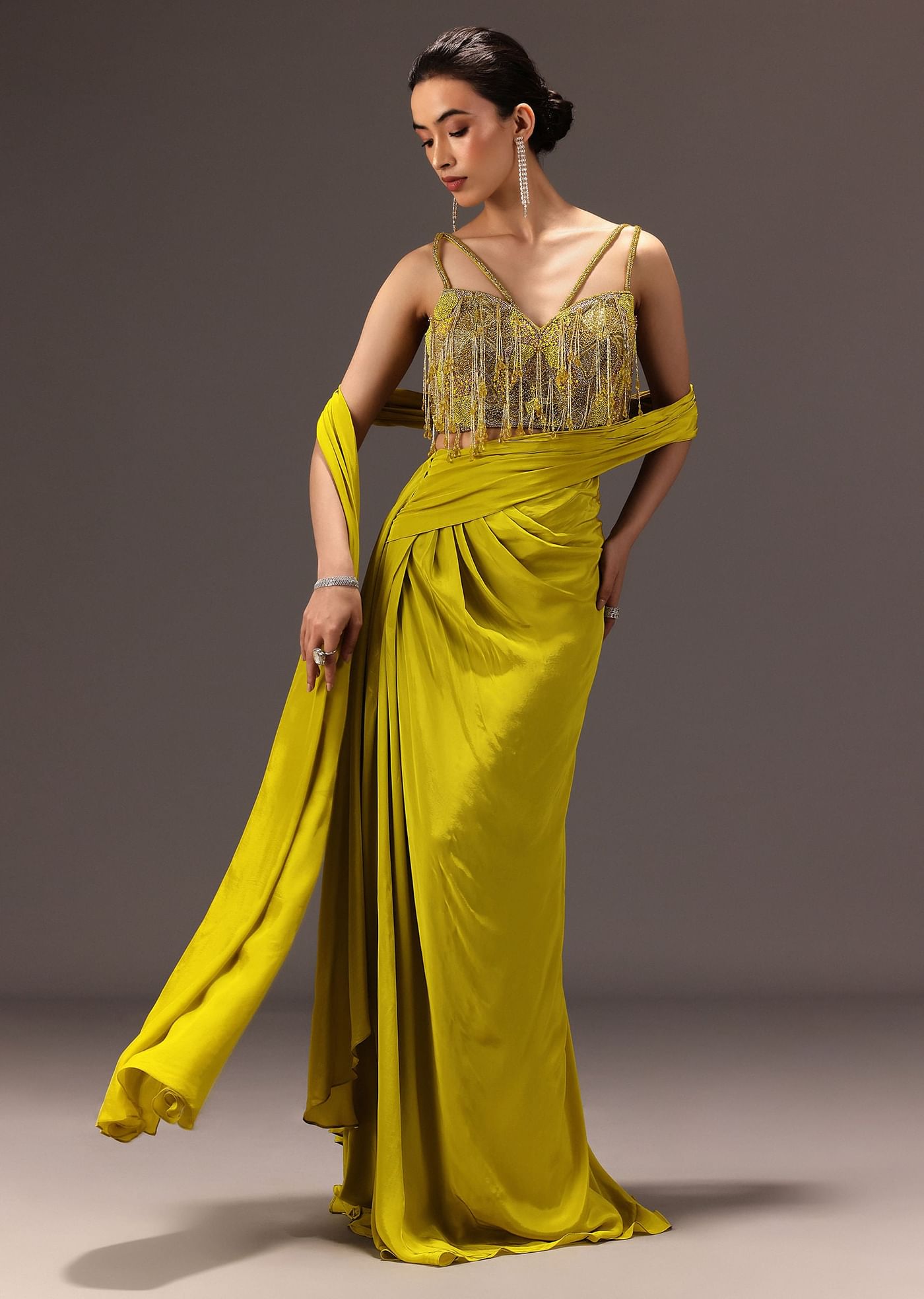 Lime Green Semi Stitched Net Saree With Embroidered Blouse