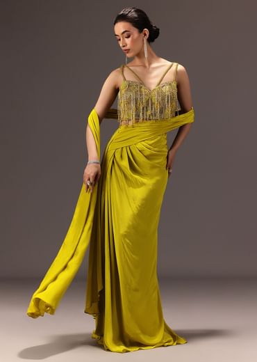 Lime Green Semi Stitched Net Saree With Embroidered Blouse