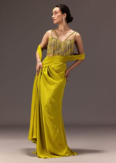 Lime Green Semi Stitched Net Saree With Embroidered Blouse