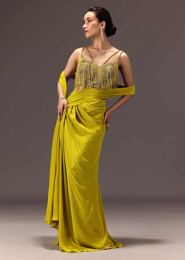 Lime Green Semi Stitched Net Saree With Embroidered Blouse