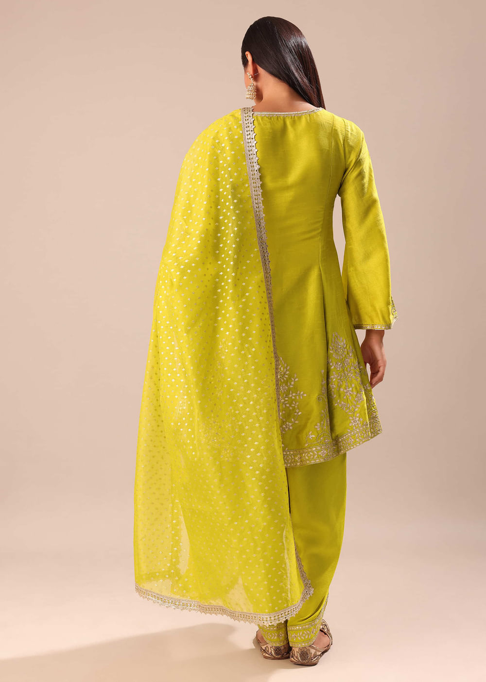 Lime Yellow Embroidered Kurta With Salwar And Dupatta