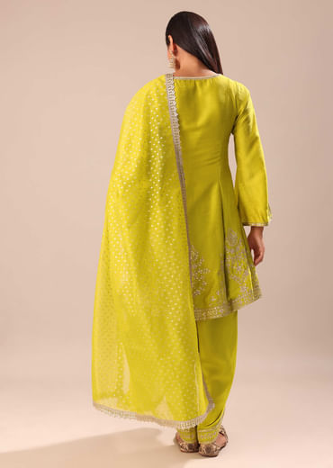 Lime Yellow Embroidered Kurta With Salwar And Dupatta
