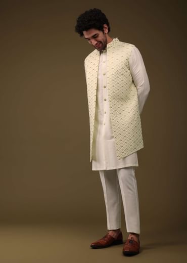 Lime Yellow Festive Textured Jacket Kurta Set With Cut Dana And Thread Embroidery In Art Silk