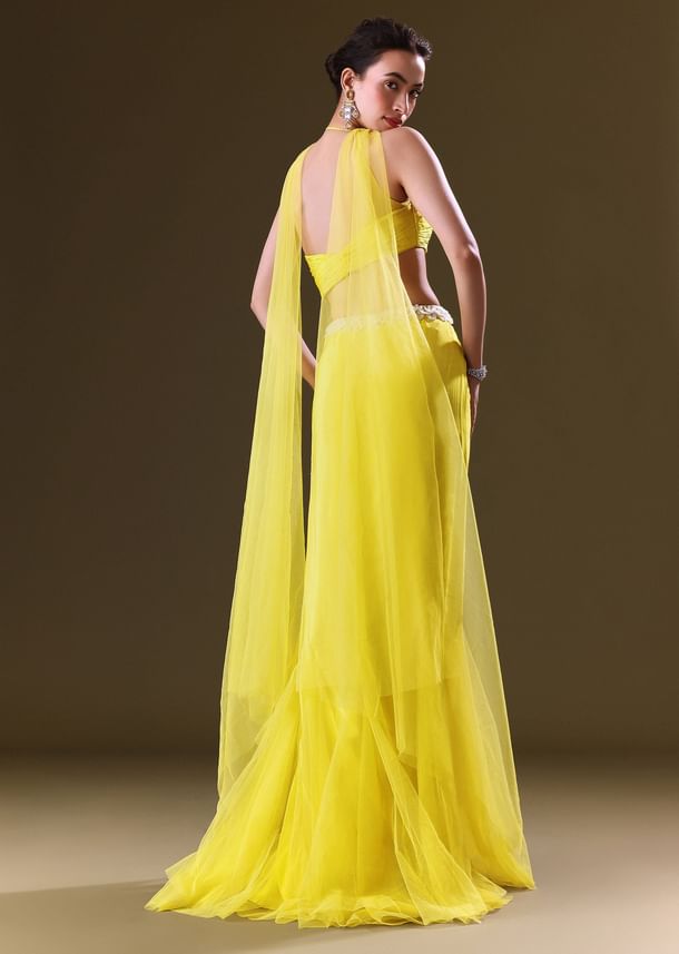 Lime Yellow Fishcut Skirt With One Shoulder Blouse And Tasseled Belt Lime Yellow Fishcut Skirt With One Shoulder Blouse And Tasseled Belt