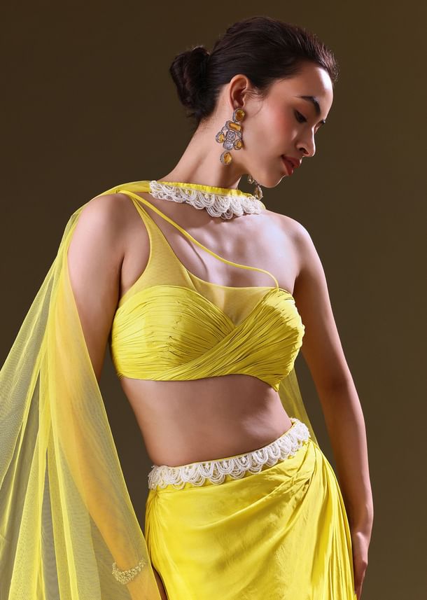 Lime Yellow Fishcut Skirt With One Shoulder Blouse And Tasseled Belt Lime Yellow Fishcut Skirt With One Shoulder Blouse And Tasseled Belt