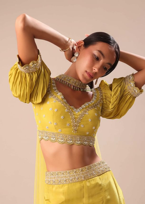 Lime Yellow Hand Embroidered Skirt And Blouse Set