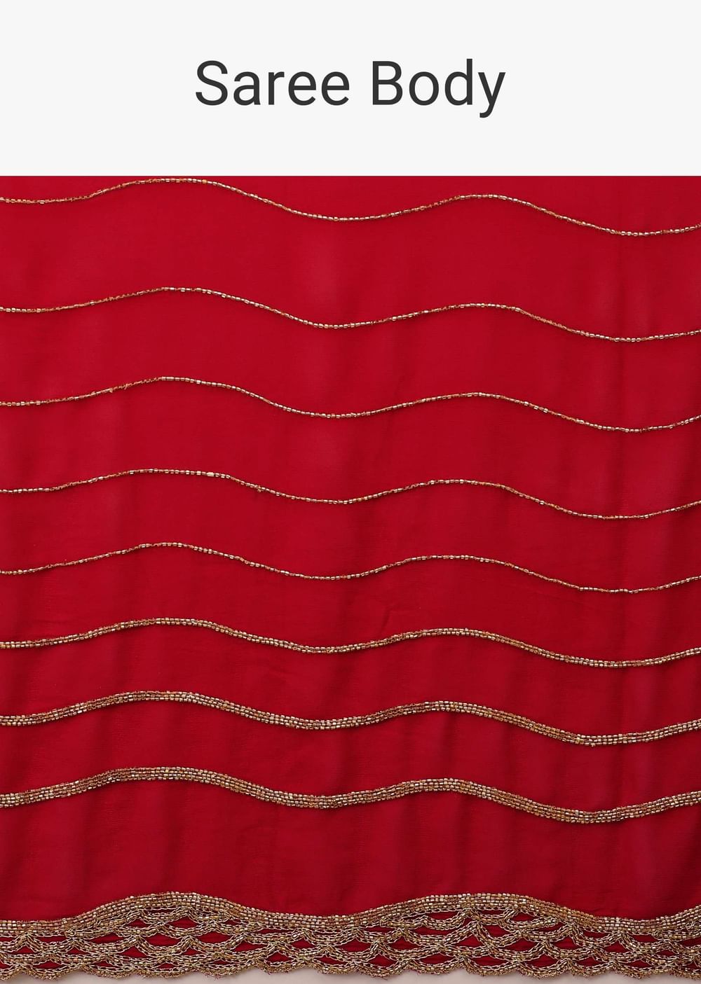 Lipstick Red Georgette Saree Adorned With Golden Zardozi Embroidery & Detailing, And Cut Dana Fringes