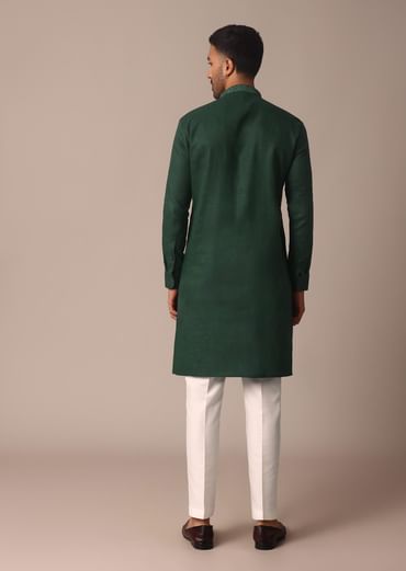 Lush Green Linen Kurta With Intricate Yoke Work