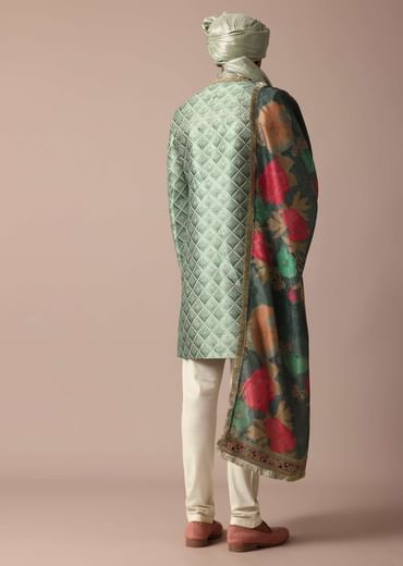 Luxury Green Sherwani Set With Intricate Embroidery