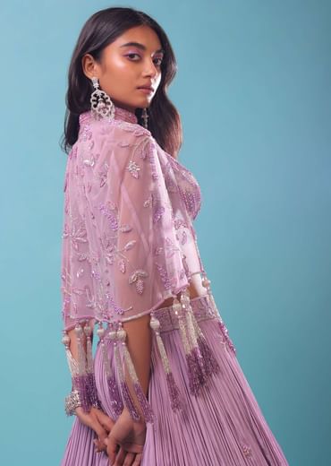 Ombre Lehenga And Crop Top In Moti Cut An Dana Embroidery, Cape Jacket In Tassels Fringes At The Border