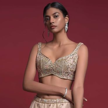 Gold Beige Blouse In Raw Silk With Sweetheart Neckline And Embroidered Floral And Checks Pattern