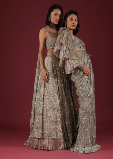 Oyster Ready Pleated Saree In Sequins Embroidery Crafted In Net With A Side Zip Closure