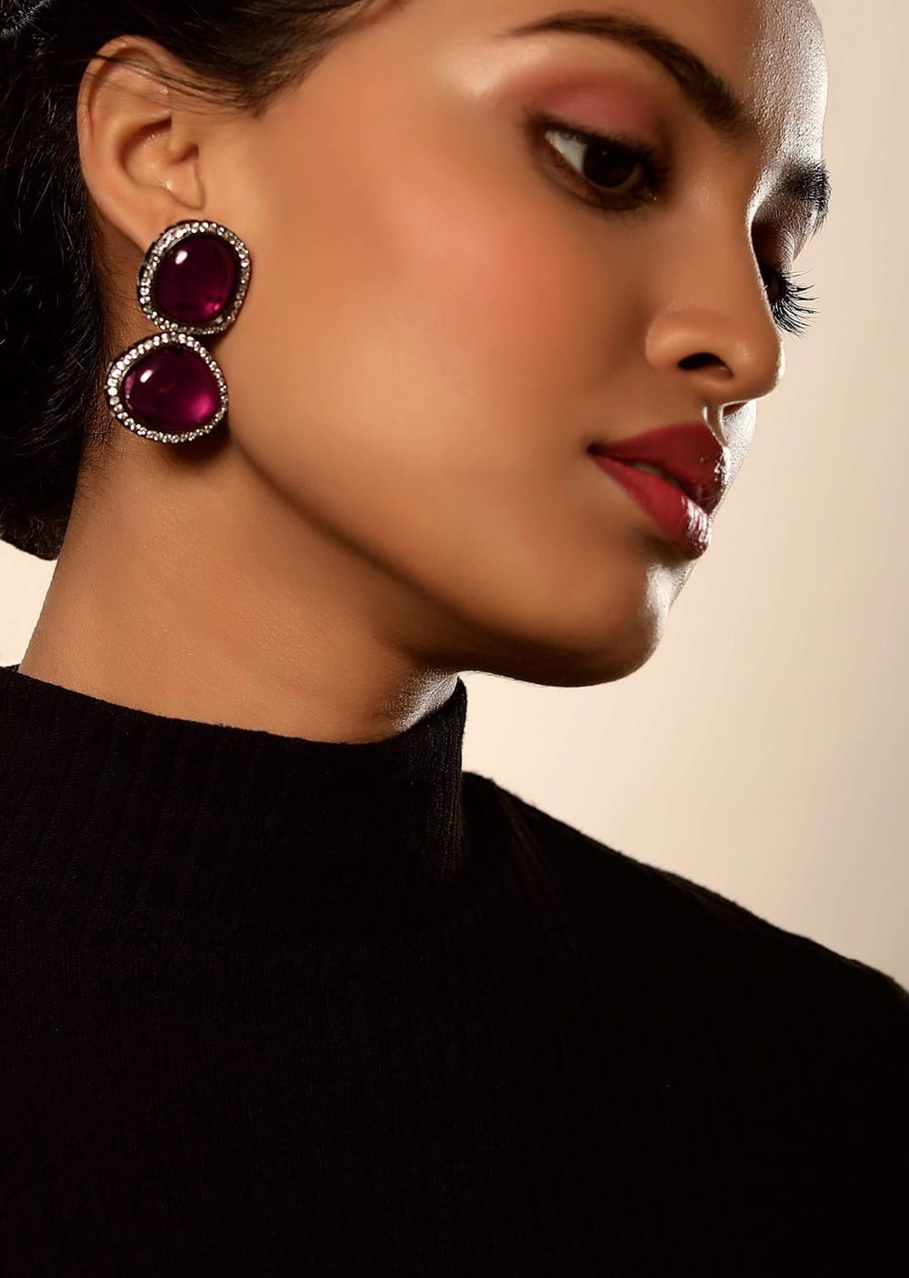 Buy Grey Toned Earrings With Burgundy Semi Precious Stones Edged