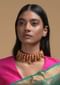 Magenta Braided Choker And Earrings Set With Gold Plated Ethnic Charms Studded With Green And Magenta Stones Online - Kalki Fashion