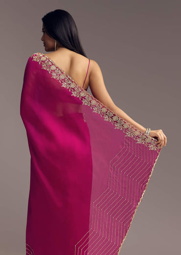 Magenta Organza Saree With Cut Dana And Sequin Embroidery