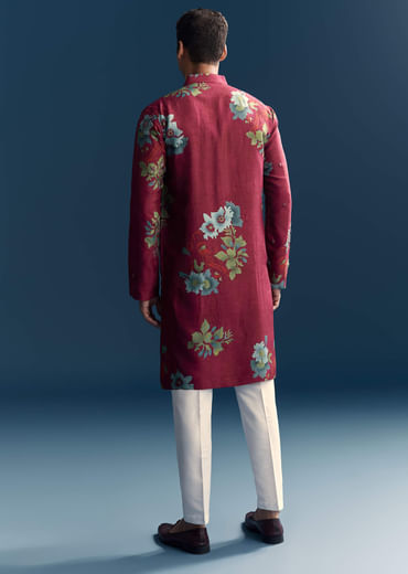 Magenta Silk Kurta Set For Men With Heavy Hand Work
