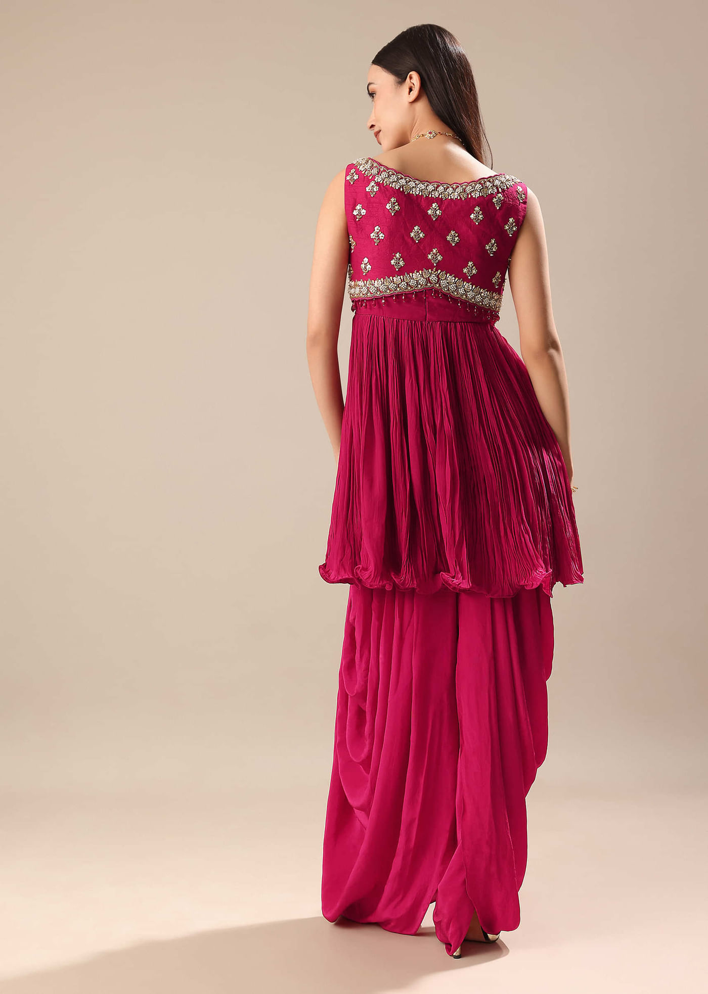 Magenta Crepe Dhoti With Embroidered Blouse And Koti
