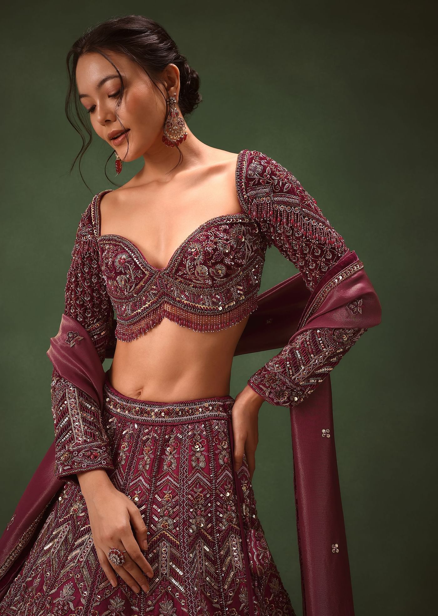 Magenta Embroidered Bridal Lehenga With Full Sleeves Blouse And Dupatta