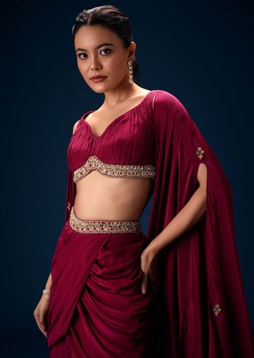 Magenta Fish Cut Draped Skirt With Hand Embroidered Blouse And Choker Dupatta